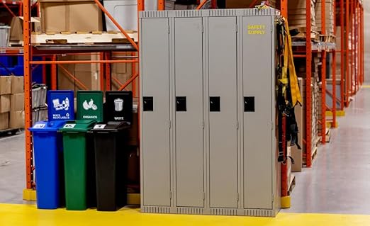 Waste Wise 69 Gallon Recycled HDPE Waste and Recycling Center for Commercial Spaces for Organics, Cans, Waste with Lids with Signs
