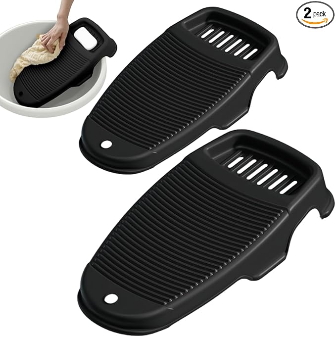 2 Pack Washboard for Hand Washing Clothes, New Updated Wash Boards Set with Soap Holder and Non-slip Base, 2 Sizes Lightweight Washboard for Kitchen Sink, Countertop, Bathtubs (Dark Black)
