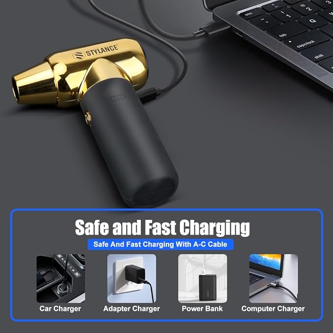 Compressed Air Duster - Barber Blower, Electric Duster, 3 Gear Mini Portable Jet Dry Air Blower, Cordless Vacuum Cleaner, for PC, Office,Salon, Fan, Laptop, Keyboard, Car (Gold)