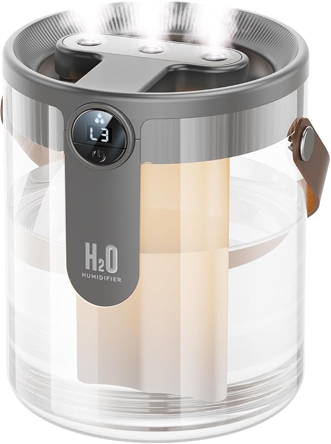 Smart Humidifiers for Bedroom, Rechargeable Top Fill Humidifier with Night Light, 1.4L Cool Mist Humidifier for Office Home Plant and Baby, 3-Speed Mist Control, Quiet, Auto Shut-Off (Grey)