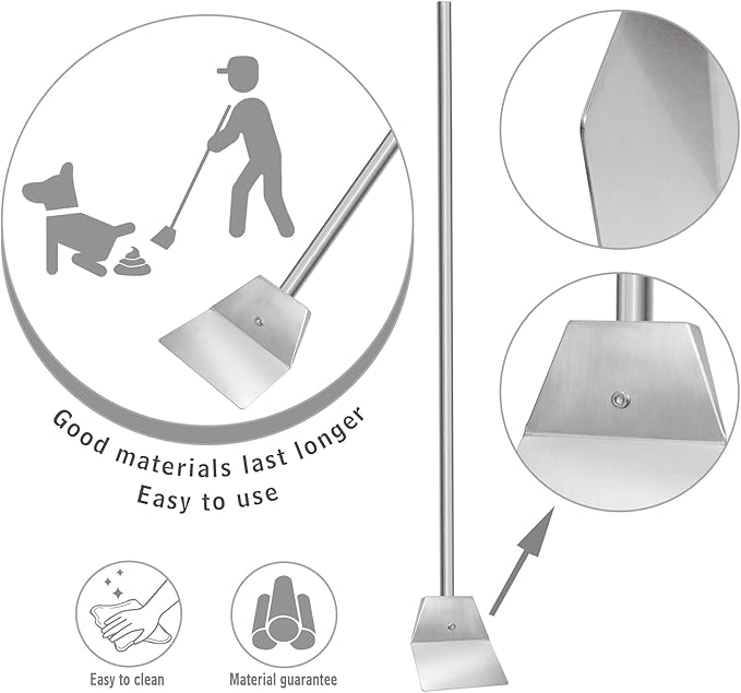 Stainless Steel Spade Poop Scoop, Large Pooper Scooper with Long Handle, 33.4 inch Scoop for Pet Waste Indoor Outdoor Cleaning, Easy Wash