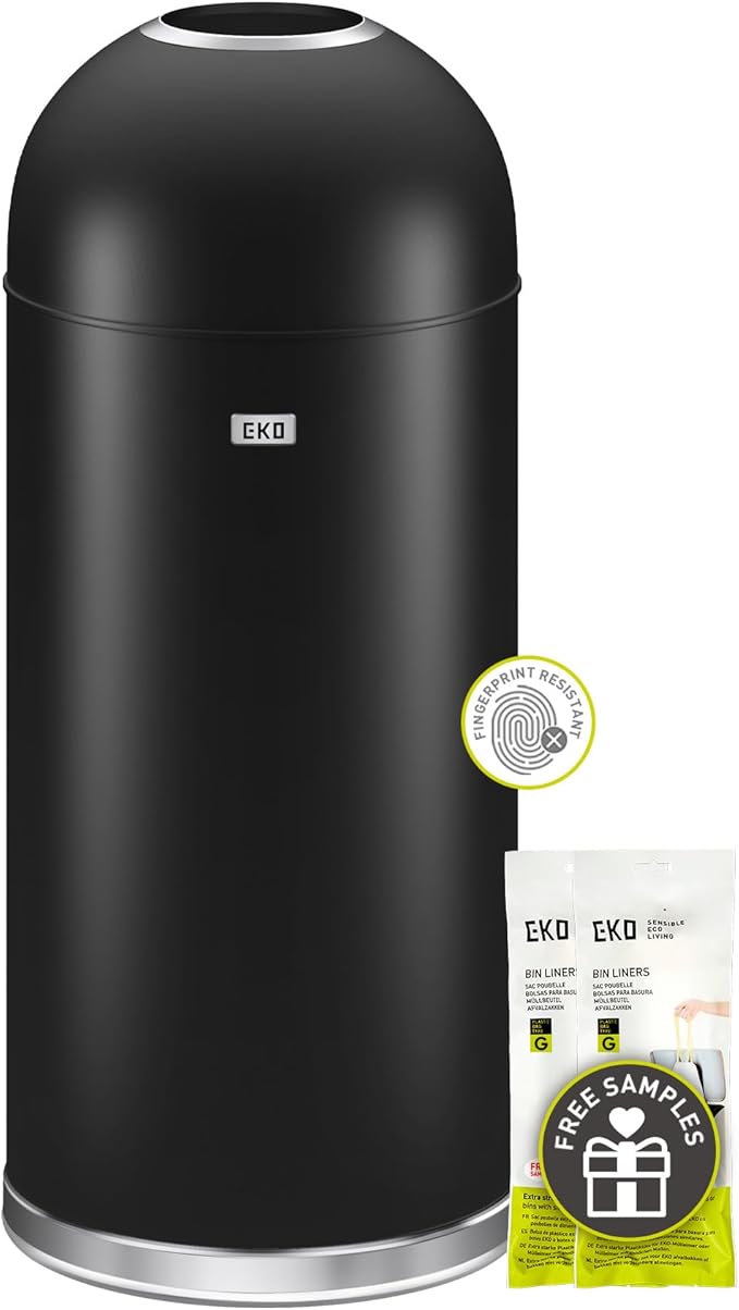 EKO Eternal 56L/15 Gallon Large Capacity Tall Commercial Trash Can, Round Open Top Waste Bin for Indoor and Outdoor, Black Steel Heavy-Duty, Durable Metal Garbage Bin for Home, Office, Restaurant