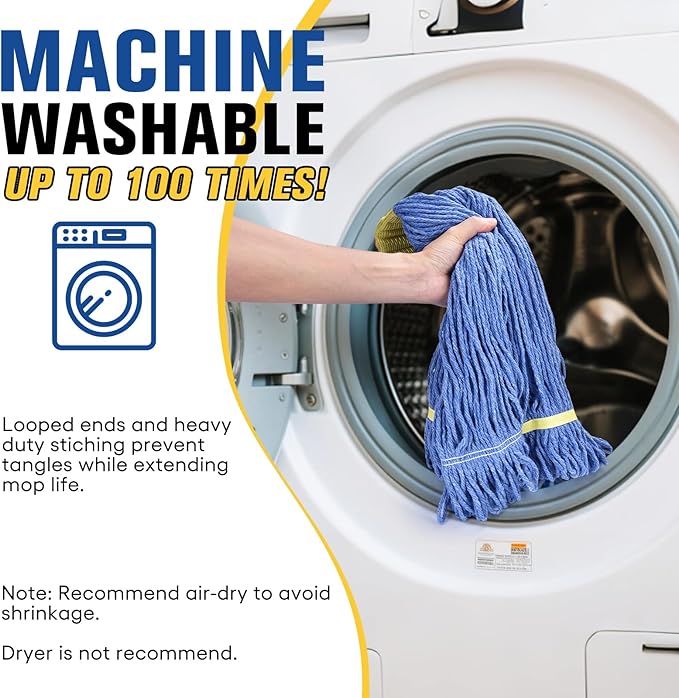 Matthew Cleaning Heavy Duty Mop Head Replacement, 5 Inch Wide Headband, Color Coded Looped End Cotton String Wet Mops for Floor Cleaning, Large Size 24 oz, 4 Pack