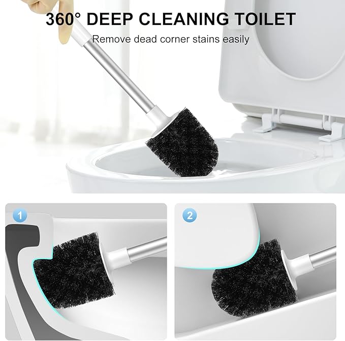 SetSail Toilet Brush and Holder 2 Pack, Self Closing Lid Toilet Bowl Brushes Holder and Extra Long Handle Ventilated Toilet Brush Set for Bathroom Cleaning, Nylon Bristles, White & Grey