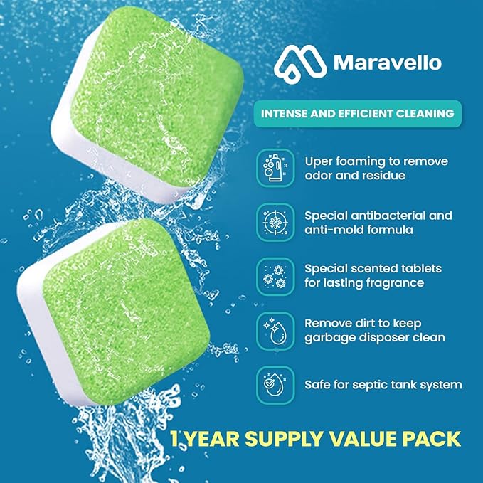 Maravello Garbage Disposal Cleaner and Deodorizer 28 Tablets Sink Foaming Garbage Disposer Freshener - Kitchen Drain Cleaning Pods with Apple Fresh Formula - 1 Year Supply