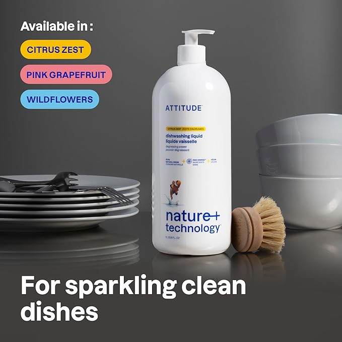 ATTITUDE Dish Soap, EWG Verified, Plant-Based & Vegan Dishwashing Liquid, Naturally Derived, Wildflowers Scent, 33.8 Fl Oz