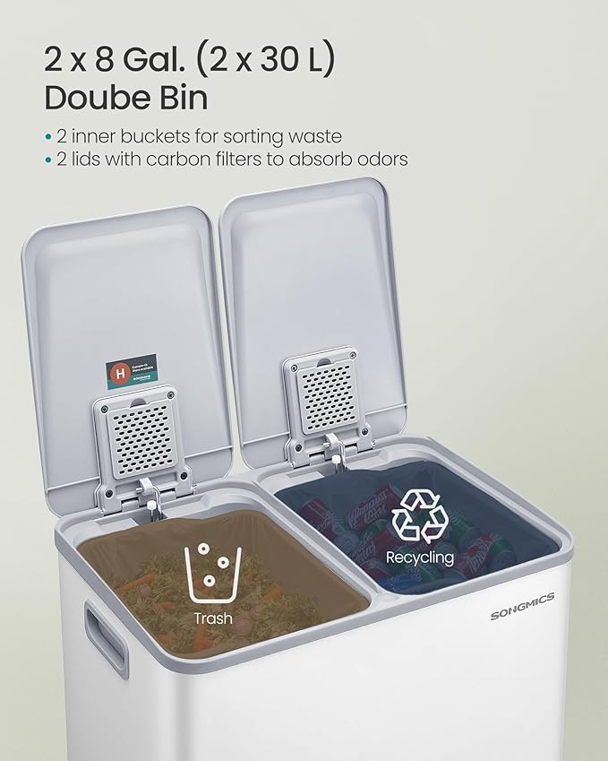 SONGMICS Trash Can, 2 x 8 Gallon (2 x 30 L) Dual-Compartment Garbage Can with Soft-Close Lid, Pedal and Inner Buckets, Stainless Steel, Includes 15 Liner Bags, Matte White ULTB741W01
