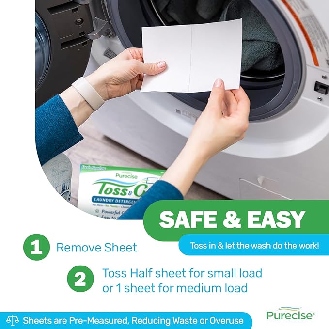 Purecise - Toss & Go - Fresh Meadow Laundry Detergent Sheets - Powerful Clean, No Mess, Fast-Dissolving, No Residue - 60 Loads - 30ct Pack of 1