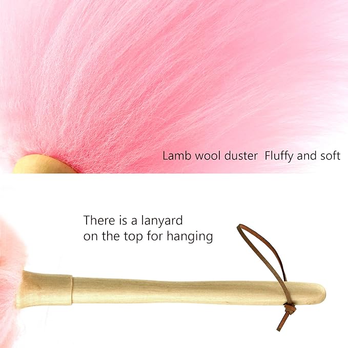Lambs Wool Duster for Cleaning Window Blinds Computer Furniture TV Computer Screens Bookshelves Solid Wooden Handle Natural Feather Duster,26'', Pink