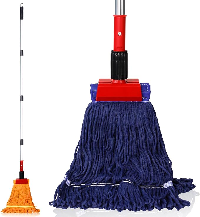 Heavy Duty Commercial Mop with 77inch Long Handle, Looped-End String Wet Mop with 2 Heads for Home, Garage, Office Floor Cleaning (Blue-Orange)