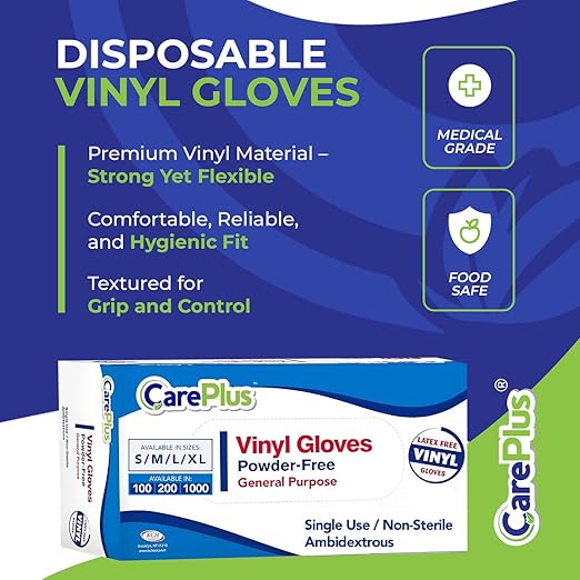 CARE PLUS Vinyl Gloves Clear Extra Large Size 100 Count | Heavy Duty, Non-Sterile, Powder-Free, Latex-Free Rubber | Food Prep, Kitchen & Cleaning Gloves, Ideal for Professional Use