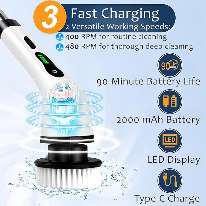 Electric Spin Scrubber - Cordless Cleaning Brush with 9 Attachment Shower and Grout Cleaner, Adjustable Extension Handle, IPX7 Waterproof for Tile Floor Tub Car (White)