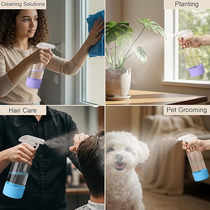 Glass Spray Bottles with Silicone Sleeve 16.9oz 2 Pack Empty Spray Bottle for Hair Mist/Stream Spraying for Cleaning Solutions, Plants, Essential Oils (clear-sblue&purple)