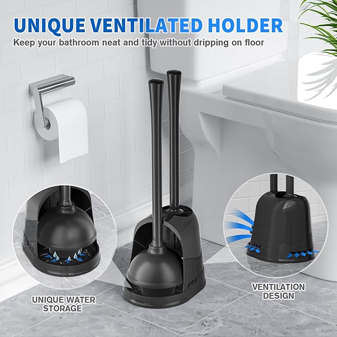 Toilet Plunger and Brush, Silicone Bowl Brush and Heavy Duty Toilet Plunger Set with Ventilated Holder, 2-in-1 Toilet Brush and Plunger Combo for 5.3-inch Toilet Drain Bathroom Cleaning