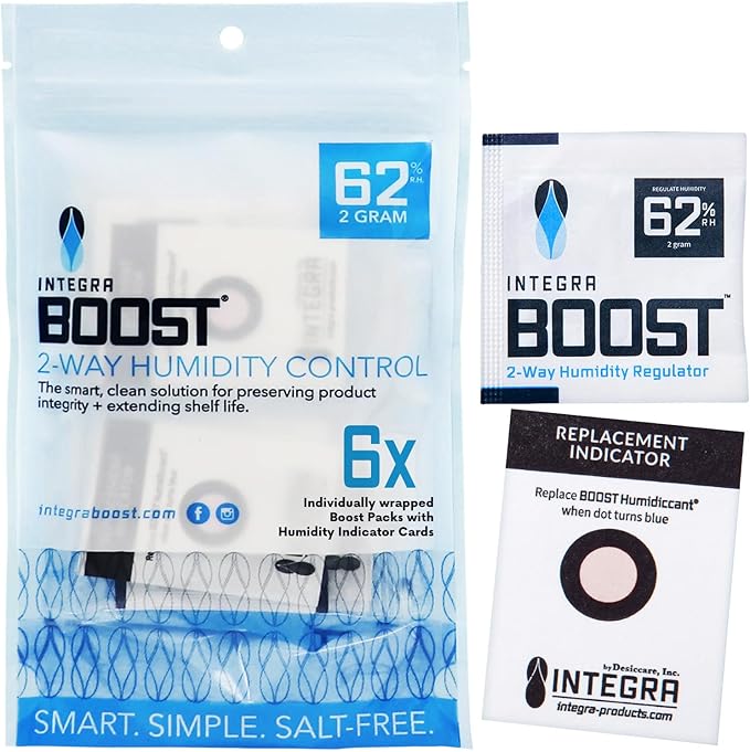 Integra Boost 2-Way Humidity Control Pack – Patented Technology for Humidity Control – Preserve Flavor & Maintain 62% RH – Moisture Absorber for Herbs, Spices & More – 2 Gram (Pack of 6)