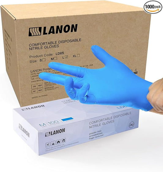 LANON Protection Disposable Nitrile Gloves, Silicone-Free, Food-Safe, Chemical Resistant, Powder-Free, Textured Fingertips, Cooking, Cleaning, Blue, Small
