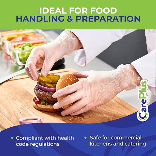 CARE PLUS Vinyl Gloves Clear Medium Size 100 Count | Heavy Duty, Non-Sterile, Powder-Free, Latex-Free Rubber | Food Prep, Kitchen & Cleaning Gloves, Ideal for Professional Use
