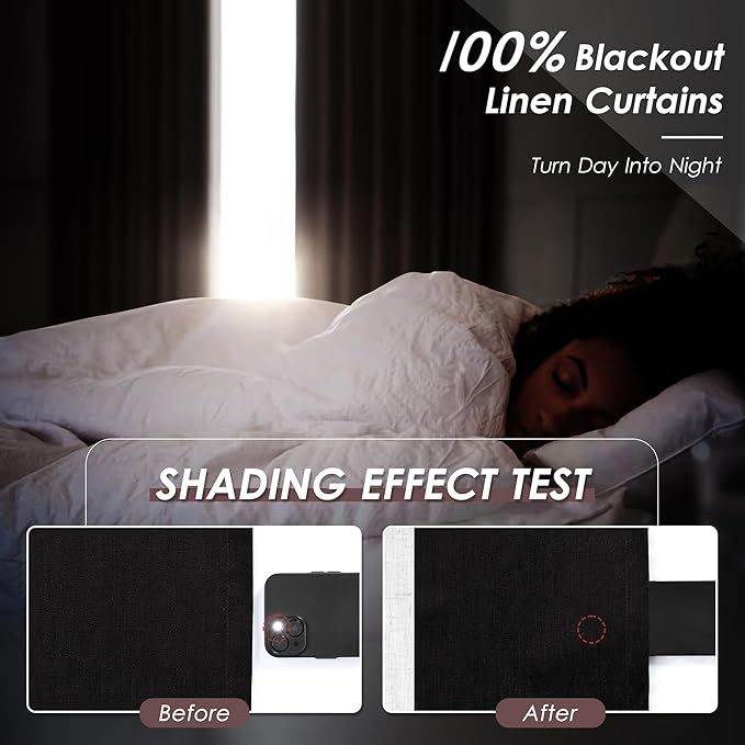 100% Blackout Linen Curtains 102 Inches Long 2 Panels for Bedroom Back Tab Pinch Pleated Black Out Curtain Modern Urban Noise Cancelling Total Light Blocking Window Curtains 102 Inch Length,Black