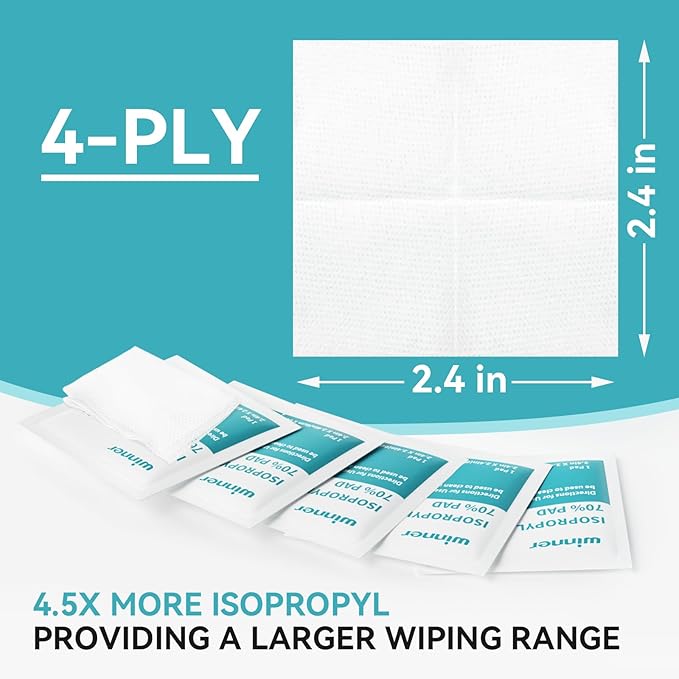 Winner Alcohol Prep Pads, 200 Count Alcohol Wipes Individually Wrapped, 70% Isopropyl, Medical Grade 4 Ply Swabs, Essential for First Aid, Home and Laboratories