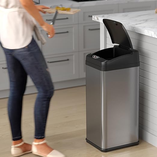 iTouchless 13 Gallon Pet-Proof Sensor Trash Can with AbsorbX Odor Filter Kitchen Garbage Bin Prevents Dogs & Cats Opening Lid, Stainless Steel plus PetGuard, Battery and AC Adapter (Not Included)