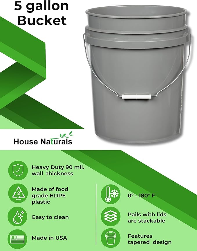House Naturals 5 Gallon Food Grade BPA Free Made in USA Pails Gray Bucket with Screw On Air Tight Lid (1, Gray with White lids)