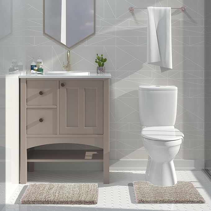Yimobra Bathroom Rugs Sets 2 Piece, Soft Absorbent Bath Mat and U-Shaped Toilet Rug with Non Slip Backing, Machine Washable, Plush Shaggy Bath Mats for Bathroom, 24"x17"+24"x20", Light Brown and White