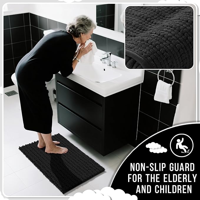 Yimobra Bathroom Rugs Non Slip Washable 32x20 Inch - Ultra Soft Absorbent Chenille Bath Mat, Quick Dry Shaggy Floor Carpet for Tub Shower, Black Home Decor Accessories