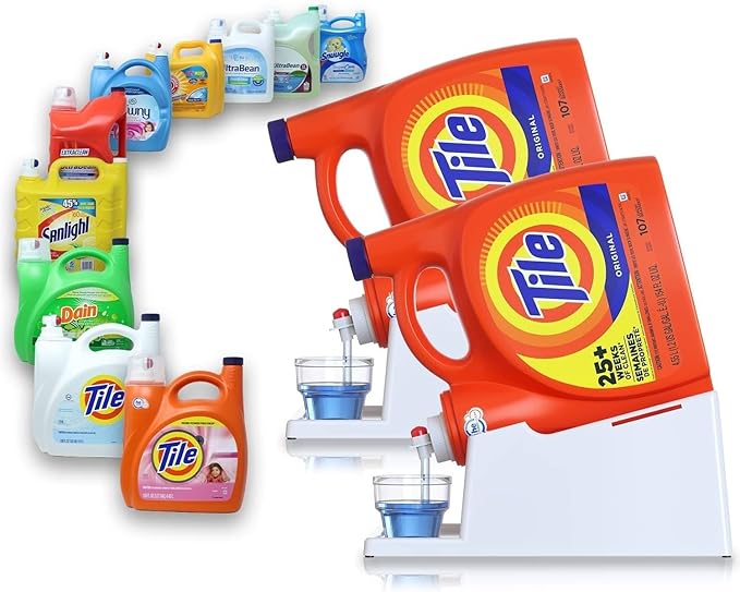 TidyFriend 2 Pack Liquid Laundry Detergent Holder Stand with Drip Tray & Rubber-Grip Feet, Stand for Laundry Room Organization and Storage, Fabric Softener Dispenser with Cup Holder (White)