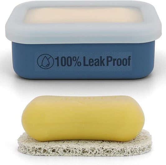 Compact Leakproof Travel Soap Case, Silicone Travel Soap Container, Portable Soap Box with Drainage Layer, Shatterproof Soap Holder for Bathroom, Gym (Blue)