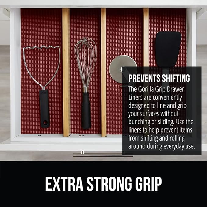 GORILLA GRIP powerGRIP Drawer Shelf and Cabinet Liner, Thick Strong Hold, Non-Adhesive Liners Protect Kitchen Cabinets and Cupboard, Bathroom Drawers, Easy Install, Breathable Mat, 20" x20', Red