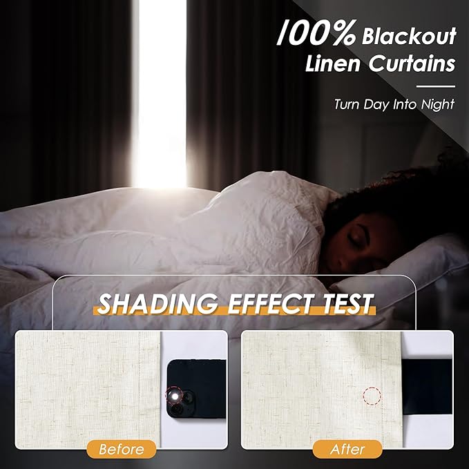 Nanspring Full Black Out Warm Beige Window Curtains 108 Inches Long Loop Pocket Rod Pocket Flax Linen Sound Proof Full Blackout 2 Panels Set for Nursery Modern Farmhouse Curtains Drapes 52x108