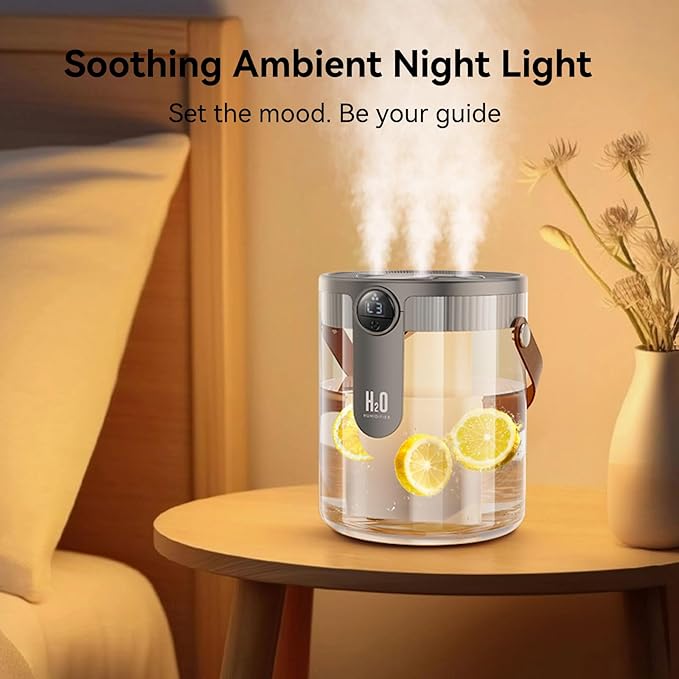 Smart Humidifiers for Bedroom, Rechargeable Top Fill Humidifier with Night Light, 1.4L Cool Mist Humidifier for Office Home Plant and Baby, 3-Speed Mist Control, Quiet, Auto Shut-Off (Grey)