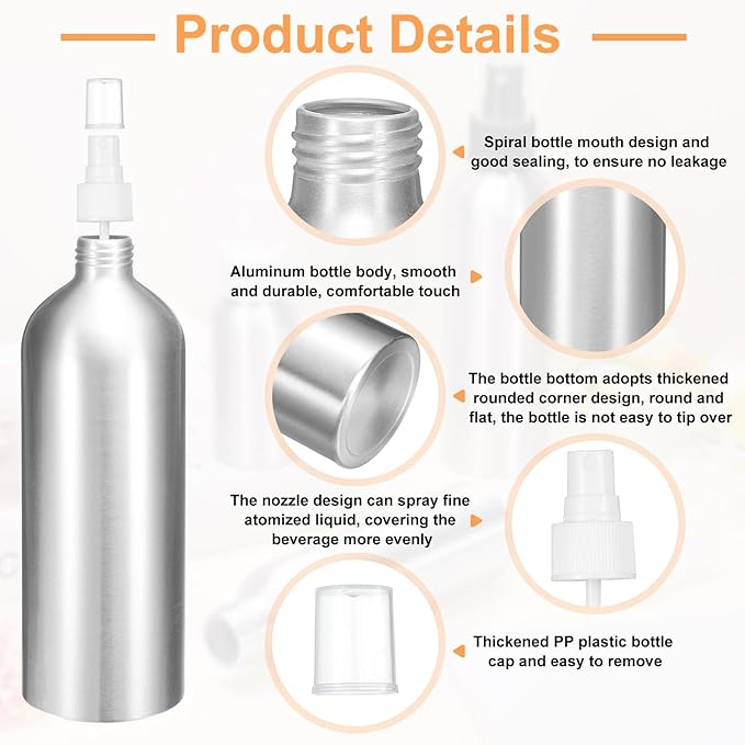 HARFINGTON Aluminum Fine Mist Spray Bottles 500ml/16oz Metal Small Liquid Alcohol Refillable Travel Container with White Plastic Nozzle Cap for Perfume Skincare Cosmetic Storage Bottle