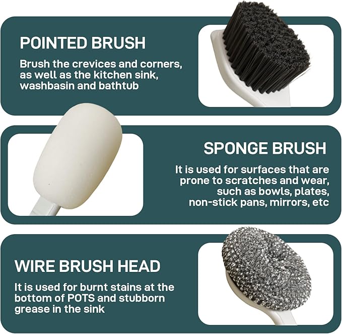 Dish Brush Set of 4 with Holder.Interchangeable Heads Kitchen Scrub Brush,Dishwashing Brush Set with Extended Handle,for Cleaning Pots,Pans,Bottles,Cups,Sinks,scrubbers for Dishes.Green