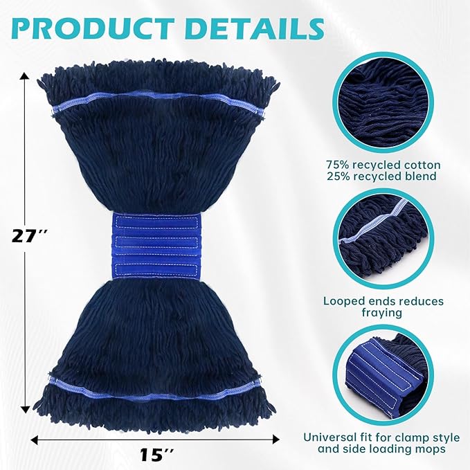3 Pack Heavy Duty Mop Head Replacement, Blue, Cotton, Floor, Wet Mops