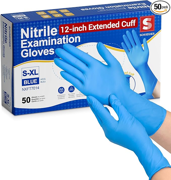 Schneider Nitrile Exam Gloves, Extended 12 Inches Cuff, X-Large, 50-ct Box, 4 mil, Gloves Disposable Latex Free, Powder Free for Medical, Food Prep, Cleaning, Cooking, Blue