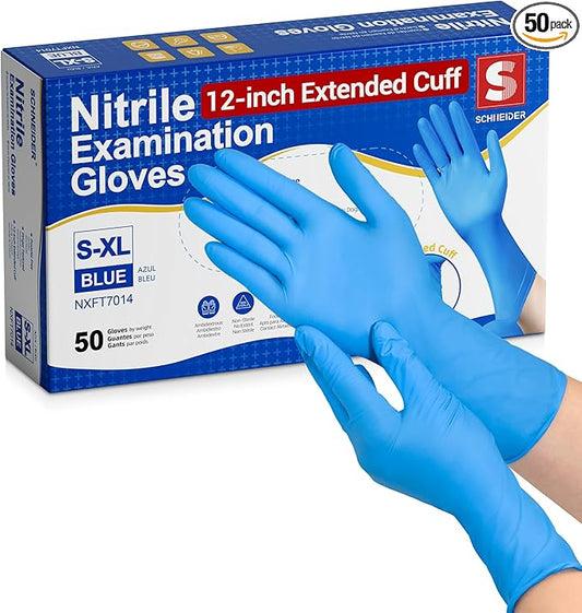 Schneider Nitrile Exam Gloves, Extended 12 Inches Cuff, Medium, 4 mil, 50-ct Box, Gloves Disposable Latex Free, Powder Free for Medical, Food Prep, Cleaning, Cooking, Blue
