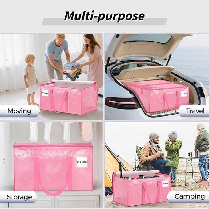 16 Pack Extra Large Heavy Duty Moving Bags, Pink Storage Bins with Lids, Reinforced Handles & Heavy-Duty Zippers Moving Boxes Storage Bags Totes for Clothes Packing, Dorms, College Supplies, Pink