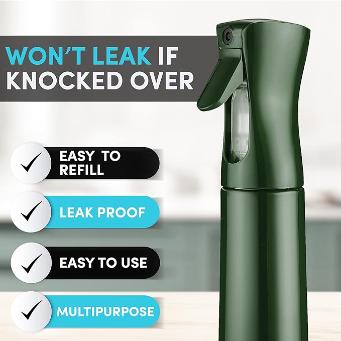 Hula Home Continuous Spray Bottle for Hair (10.1oz/300ml) Empty Ultra Fine Plastic Water Mist Sprayer – For Hairstyling, Cleaning, Salons, Plants, Essential Oil Scents & More - Green