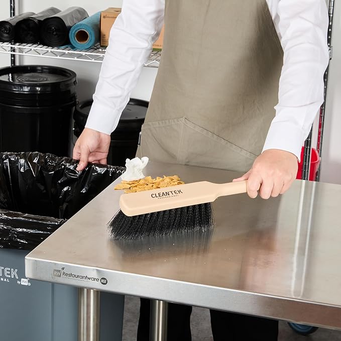 Restaurantware-Clean Tek Professional 13.78 Inch Counter Brush, 1 Heavy-Duty Hand Broom Brush - Flagged Bristles, Ergonomic Handle, Beige Plastic Cleaning Scrub, for Sweeping, Dusting, Woodworking