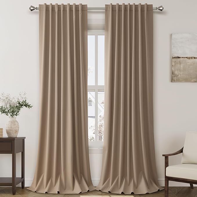 Tan Linen Blackout Curtains 120 Inch Length 2 Panels Set Extra Long 10 Ft Back Tab Pocket Drapes Thermal Insulated Total Blocking Curtains for Dining Room Cottage High Window Curtain 52x120 Inch