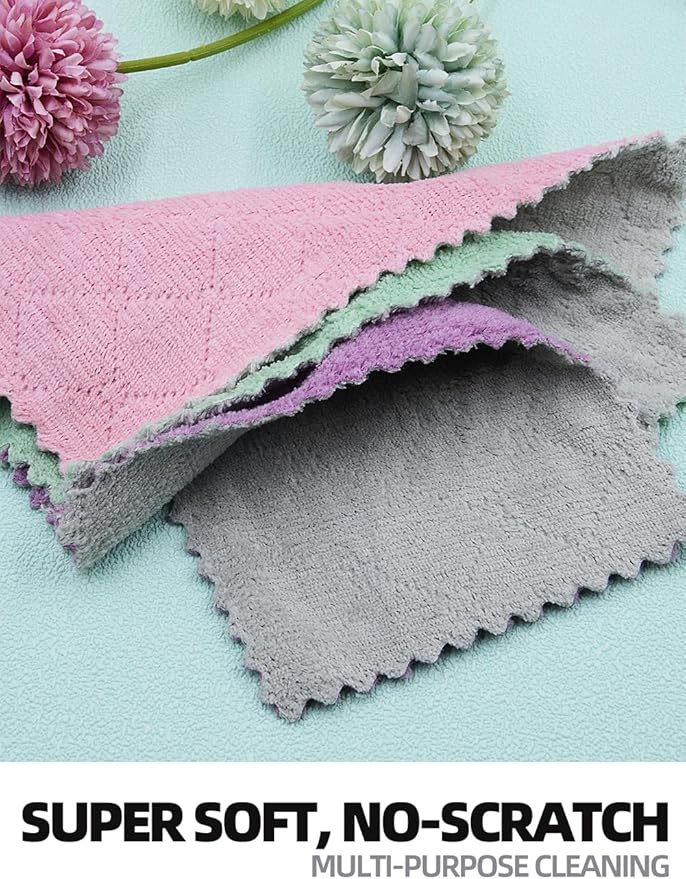 24PCS Kitchen Dishcloth, Microfiber Washcloth, Soft Cleaning Cloths, Coral Fleece/Lint Free/Absorbent/Quick Dry/Nonstick Oil Rags, Reusable Washable Tea Towel, 6''x10''(Mixcolor)