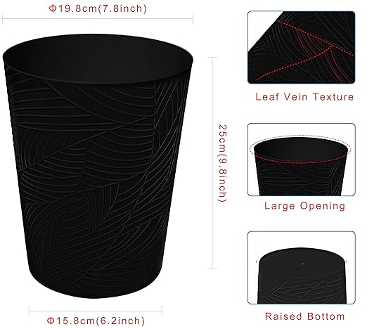 1.8 Gallons Small Trash Can, Decorative Wastebasket, Modern Leaf Pattern Design, Polypropylene Trash Can for Bathroom, Bedroom, Office (1, Black)