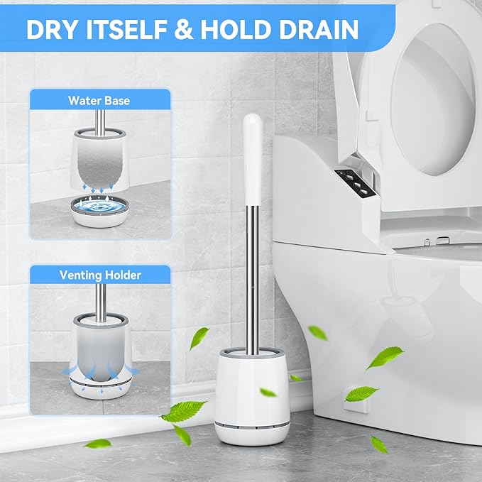 Toilet Brush, 3PCS Toilet Brush and Holder with 304 Stainless Steel Handle, Space Saving Toilet Bowl Brush for Storage, Durable Bristles Toilet Scrubber for Bathroom Cleaning