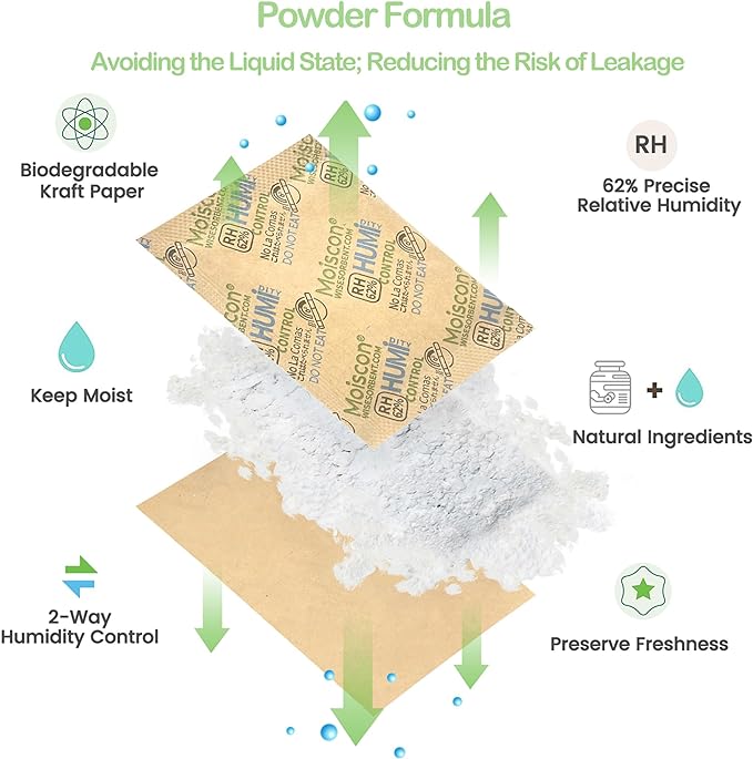 60 Pack 62% RH 8 Gram Two-Way Humidity Control Packs for Storing 1 oz Herb, Size 8 Moisture Control Packets Individually Wrapped