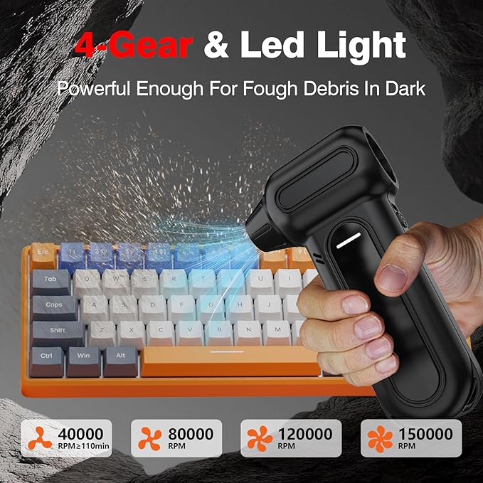 ANABOX Electric Air Duster – 150,000 RPM Cordless Blower, Brushless Motor, 4-Speed Adjustable, Rechargeable 8000mAh, LED Light for Computer, Keyboard, Car & Home Cleaning