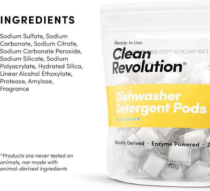 Clean Revolution Natural Dishwasher Detergent Pods, 80 Pods, Enzyme Powered, No Chemical Additives, No Residue, Made in the USA