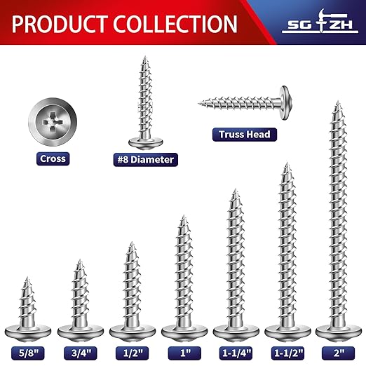 #8 x 1-1/4" Wood Screw 250Pcs 410 Stainless Steel Standard Thread Truss Head Fast Self Tapping by SG TZH