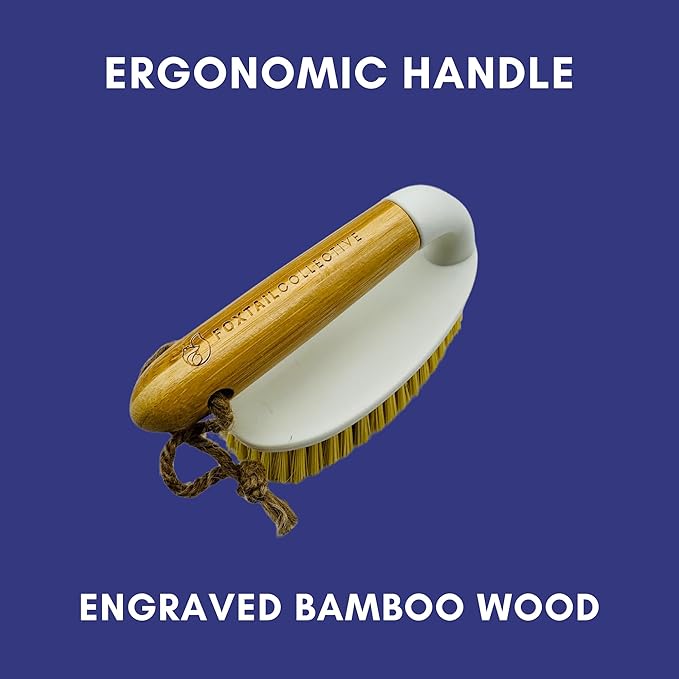 Laundry Brush with Eco-Friendly Bamboo Handle by Foxtail Collective Bundle with Microfiber Cloth Stain Remover Towel & 10 Cleaning Hacks, Multipurpose Stain Remover Cleaning Scrub Brush for Clothes