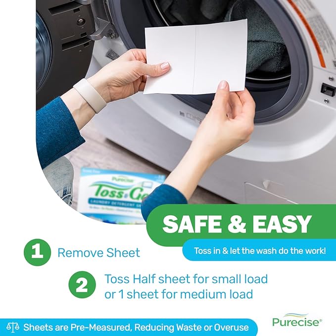 Purecise - Toss & Go - Unscented Laundry Detergent Sheets - No Mess, Skin-Friendly, Fast-Dissolving, Scent Free - 240 Loads - 30ct Pack of 4